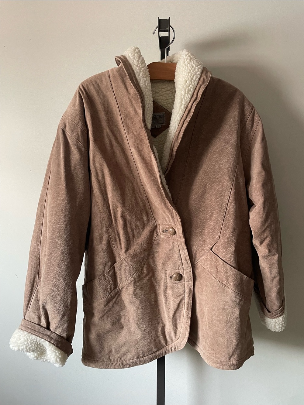 Vintage 80s Karizma Suede Leather Sherpa Lined Jacket Coat Tan Beige Large